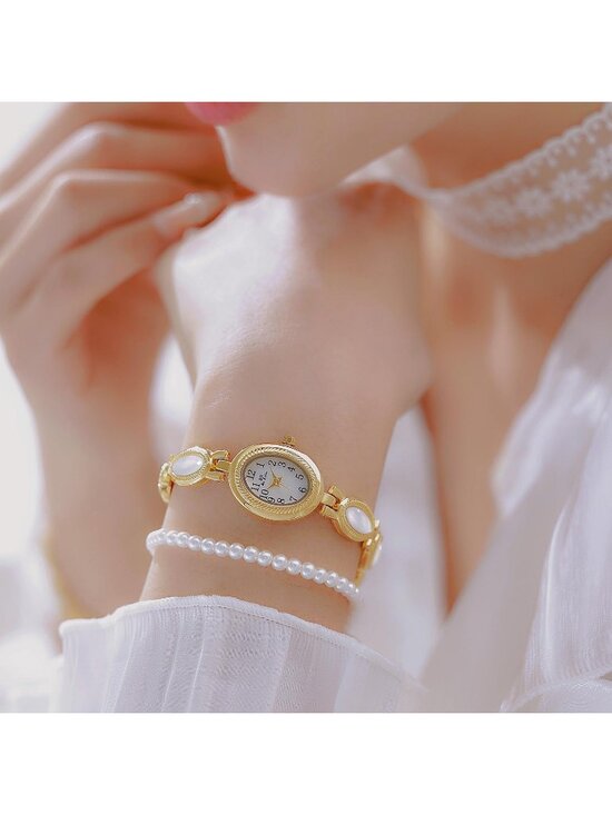 Women\'s Gold White Vintage Bracelet Elegant Jade Oval Dial Waterproof Wristwatch